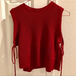 Red knit sweater tank top with open tie sides